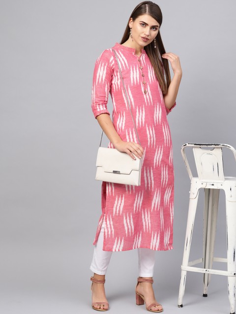 

Inddus Women Pink & Off-White Ikat Print Straight Kurta