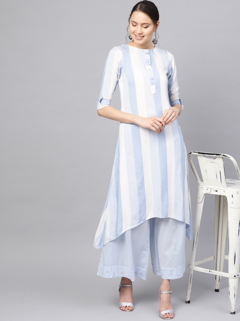 

Inddus Women Blue & White Striped A-Line Kurta