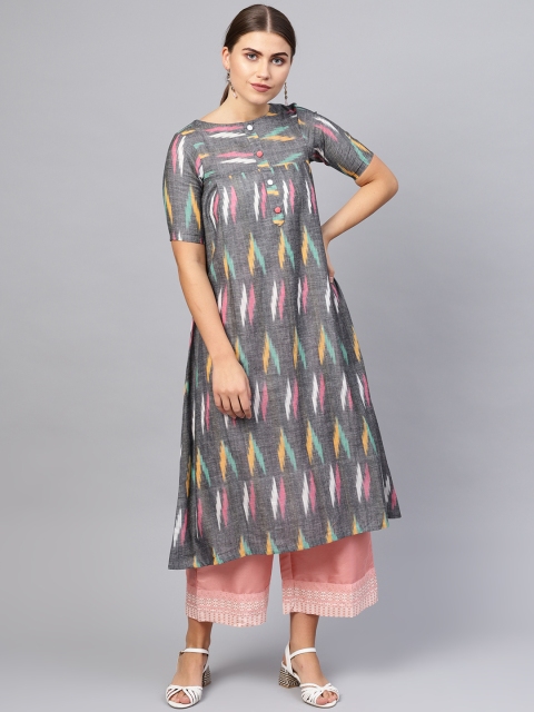 

Inddus Women Charcoal Grey & Pink Ikat Print A-Line Kurta