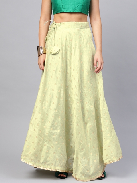 

Inddus Women Green & Golden Chanderi Cotton Self-Design Maxi Flared Skirt