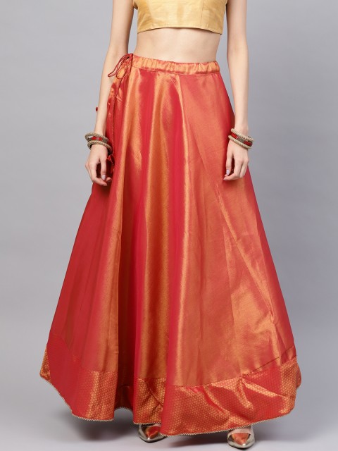 

Inddus Women Red & Golden Dual-Toned Solid Flared Maxi Skirt