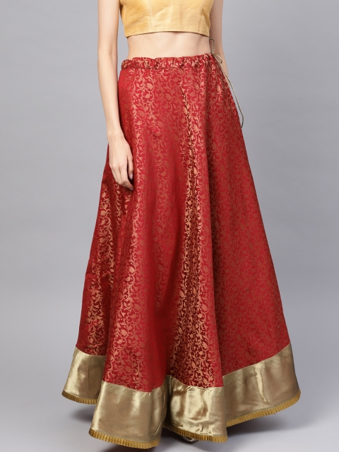 

Inddus Women Red & Golden Woven Design Flared Maxi Skirt, Maroon
