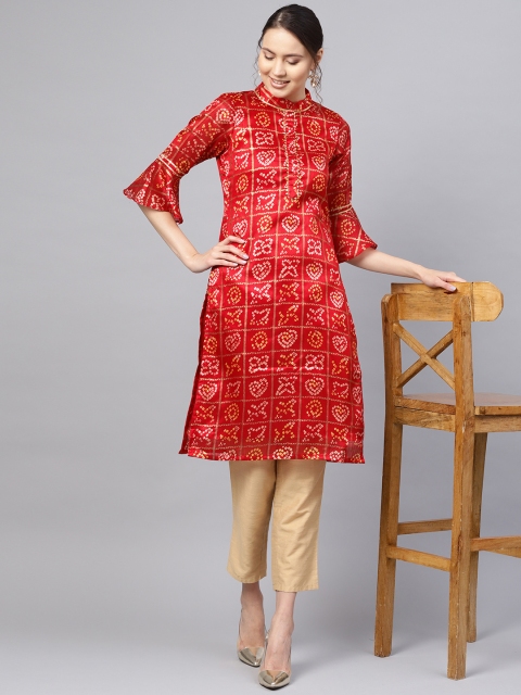 

Inddus Women Red Bandhani Print Straight Kurta