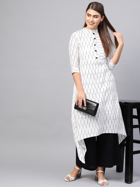 

Inddus Women White & Black Ikat Woven Design Asymmetric A-Line Kurta