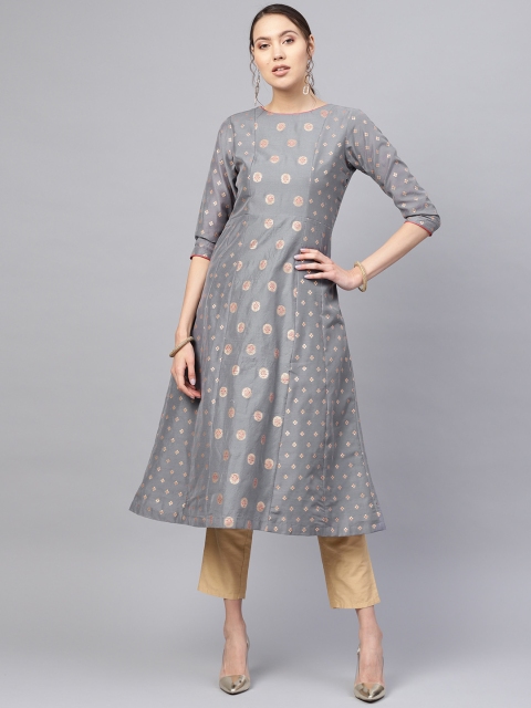 

Inddus Women Grey & Golden Woven Design Chanderi Cotton A-Line Kurta