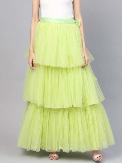

Inddus Women Lime Green Layered Net Solid Flared Maxi Skirt