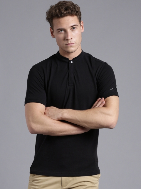 

ETHER Black Lightweight Solid Mandarin Collar Slim Fit T-shirt