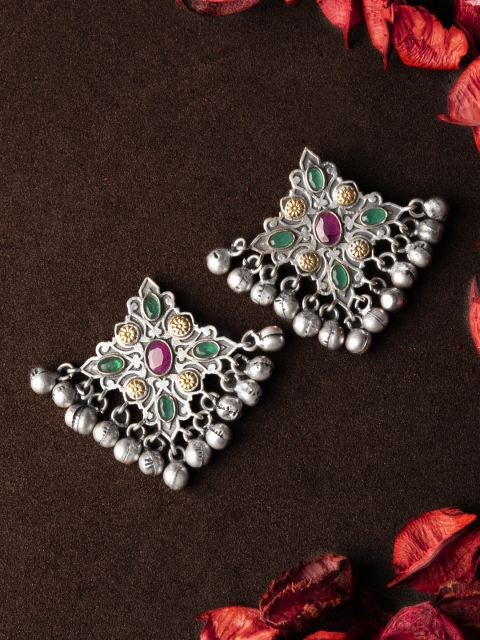 

Rubans Silver-Toned & Gold-Toned Hand Crafted Leaf Shaped Drop Earrings
