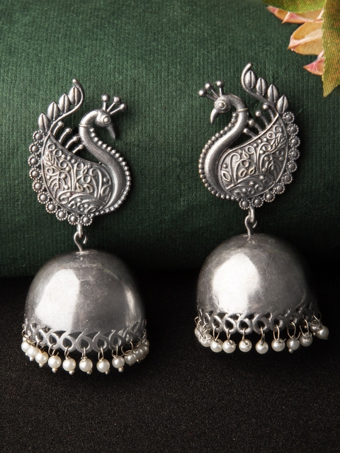 

Rubans Silver-Toned & White Handcrafted Dome Shaped Jhumkas