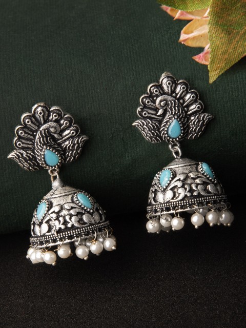

Rubans Silver-Toned & Blue Peacock Shaped Jhumkas