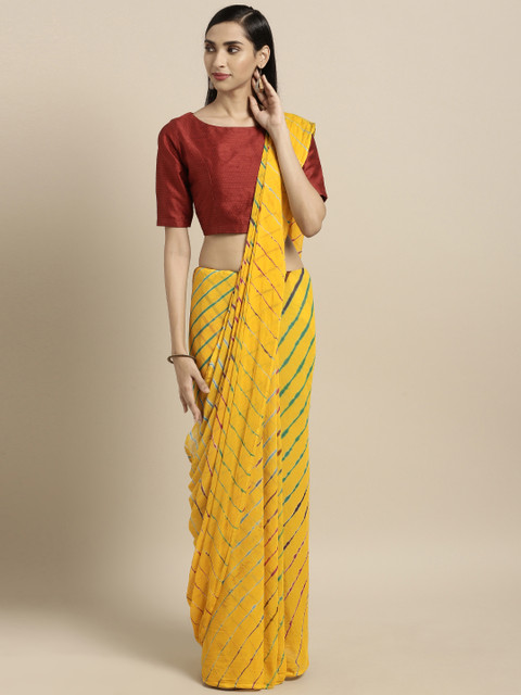 

Pavechas Yellow & Blue Poly Chiffon Striped Leheriya Saree