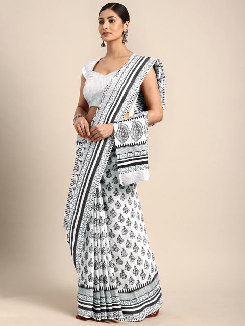 

Pavechas White & Black Cotton Blend Printed Kasavu Saree