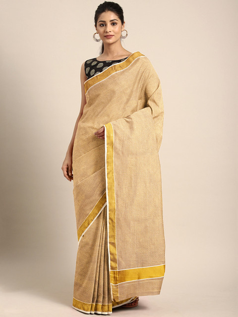 

Pavechas White & Gold-Toned Pure Cotton Checked Kasavu Saree