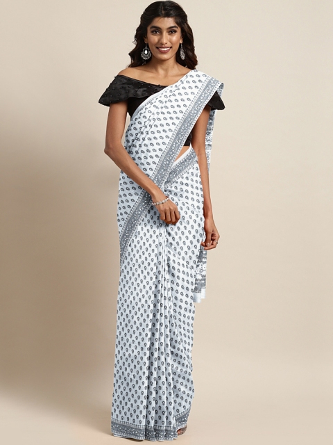

Pavechas White & Black Cotton Blend Printed Kasavu Saree