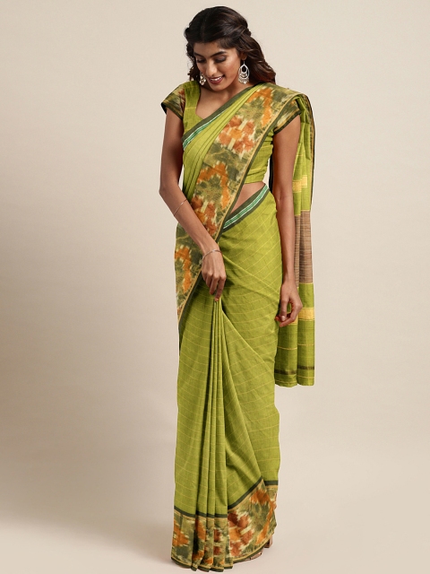 

Pavechas Olive Green Pure Cotton Striped Pochampally Saree