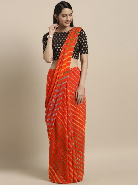 

Pavechas Orange & Yellow Poly Chiffon Striped Leheriya Saree