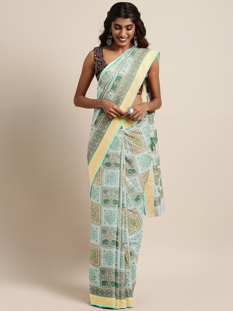 

KALINI Green & Beige Cotton Blend Printed Venkatgiri Saree