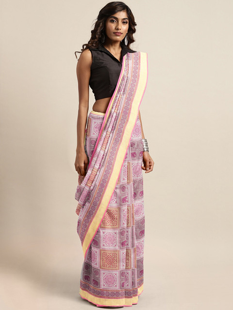 

Pavechas Pink & White Cotton Blend Printed Venkatgiri Saree