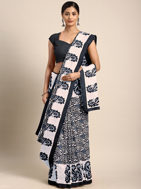 

Pavechas White & Black Cotton Blend Printed Mangalagiri Saree