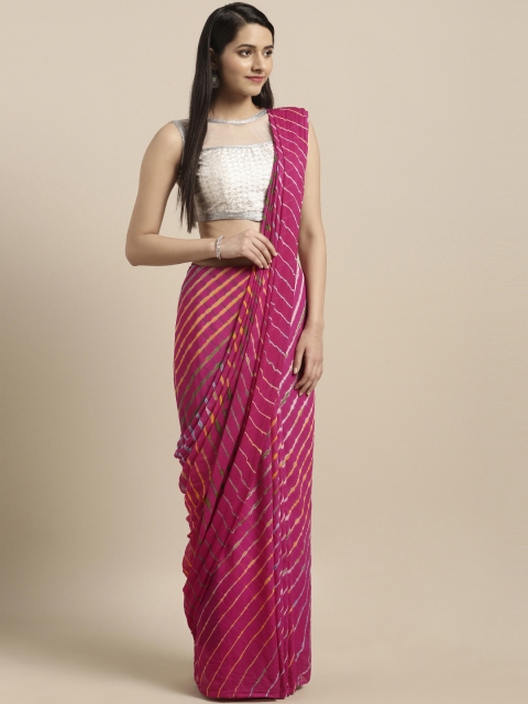 

Pavechas Pink & Green Poly Chiffon Striped Leheriya Saree