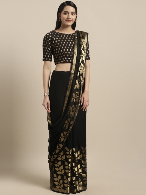 

Pavechas Black & Gold-Toned Poly Georgette Woven Design Chanderi Saree
