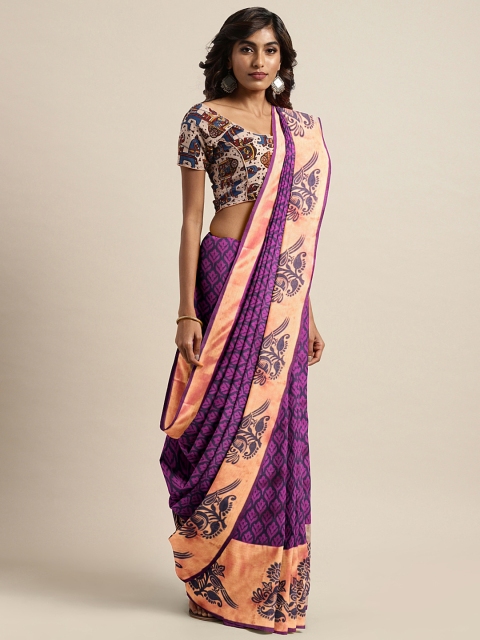 

KALINI Magenta & Navy Blue Cotton Blend Printed Venkatgiri Saree