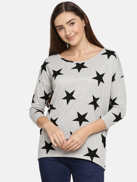 

ONLY Women Grey & Black Printed Round Neck T-shirt