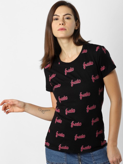 

ONLY Women Black Printed Round Neck T-shirt