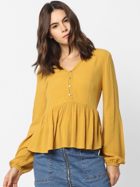 

ONLY Women Mustard Solid Cinched Waist Top
