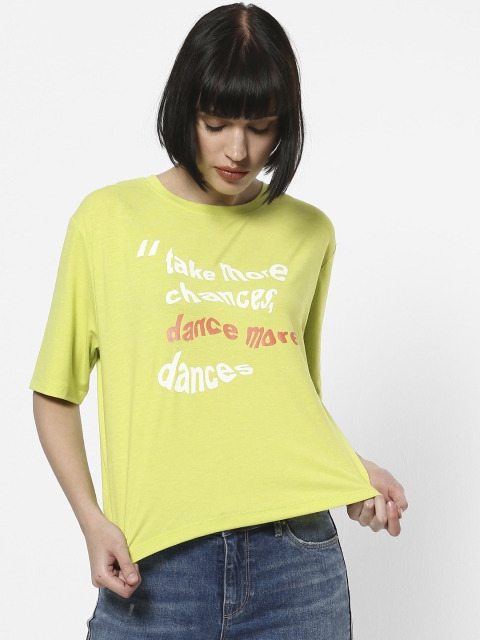 

ONLY Women Lime Green & White Printed Round Neck T-shirt