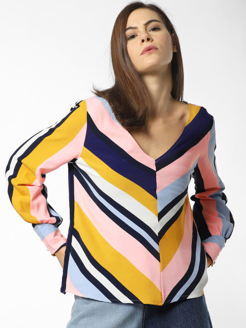 

ONLY Women Pink & Blue Striped Top
