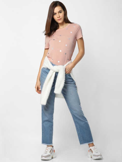 

ONLY Women Nude Pink & Silver-Toned Printed Round Neck T-shirt