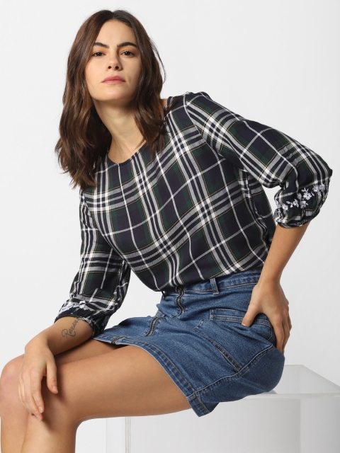 

ONLY Women Navy Blue & White Checked Regular Top