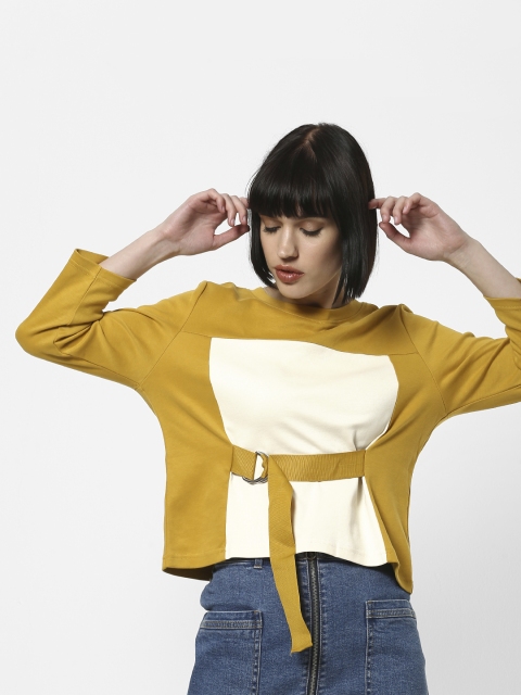 

ONLY Women Mustard Yellow & Cream-Coloured Colourblocked Boxy Top