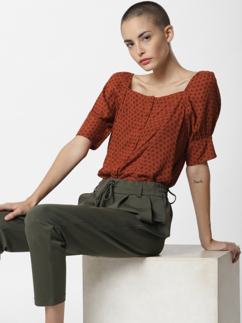 

ONLY Women Brown & Orange Geometric Print Puff Sleeves Top