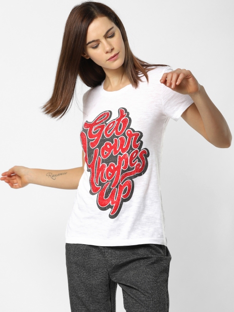 

ONLY Women White Red Printed Round Neck Pure Cotton T-shirt