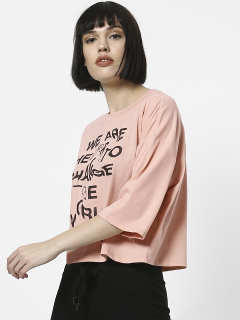 

ONLY Women Pink & Black Printed Round Neck T-shirt