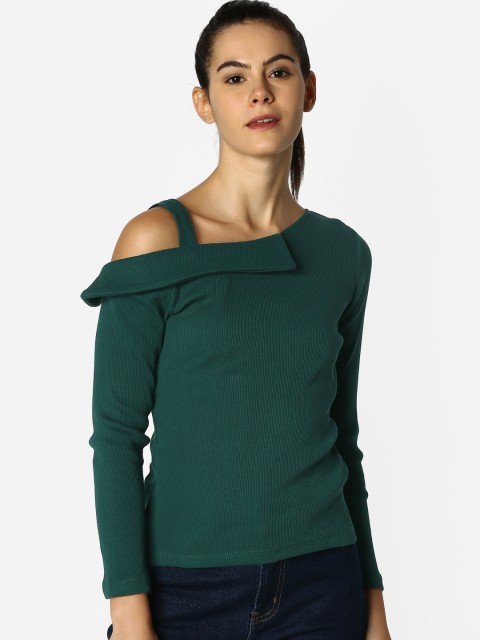 

ONLY Women Green Solid Fitted Off-Shoulder Top