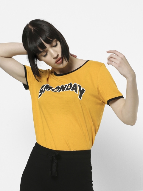 

ONLY Women Mustard Yellow & Black Printed Round Neck T-shirt