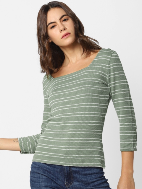 

ONLY Women Green Striped Round Neck T-shirt