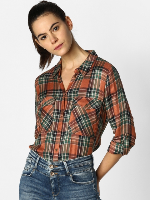

ONLY Women Orange & Green Regular Fit Checked Casual Shirt