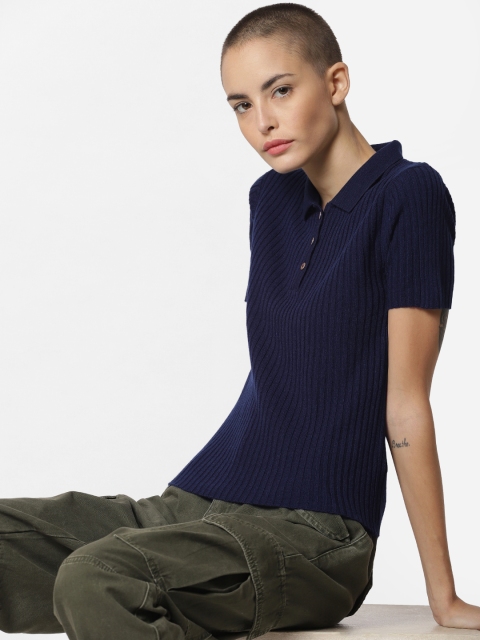 

ONLY Women Navy Blue Self Design Polo Collar T-shirt