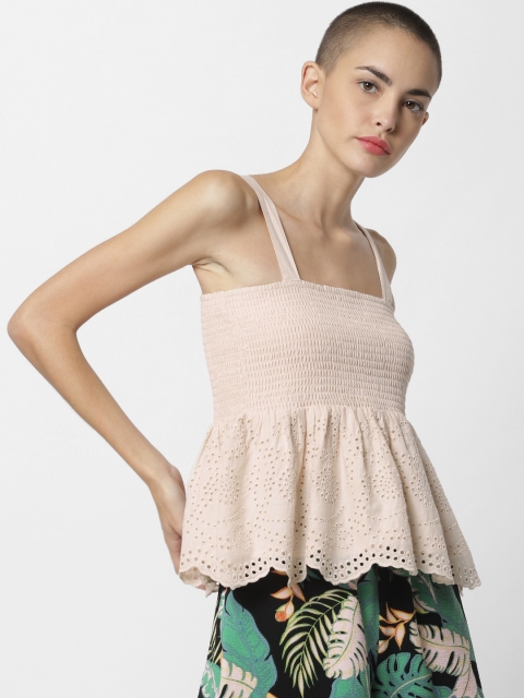 

ONLY Women Nude Pink Self Design Peplum Pure Cotton Top
