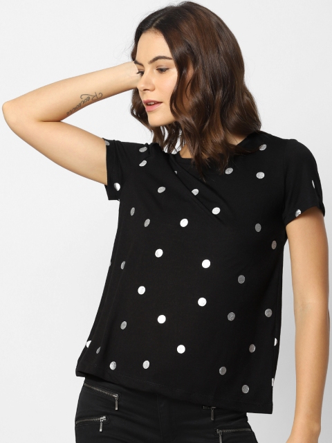 

ONLY Women Black & Silver-Coloured Printed Round Neck T-shirt