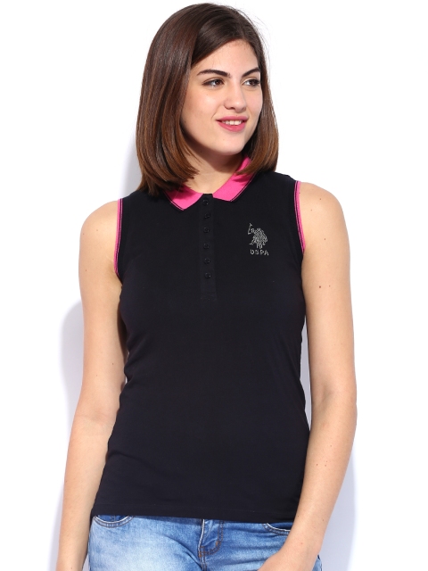 

U.S. Polo Assn. Women Black Sleeveless Polo Pure Cotton T-shirt