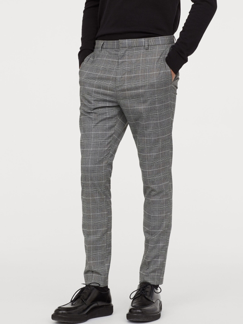 

H&M Men Grey Checked Suit Trousers Super Skinny Fit