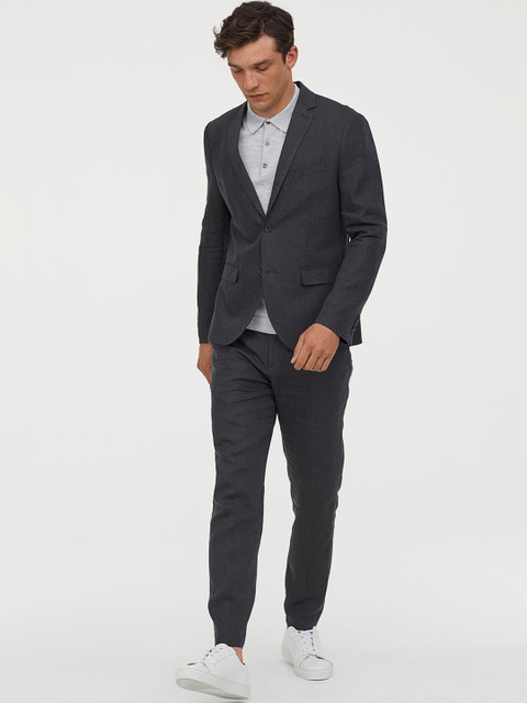 

H&M Men Grey Solid Linen Suit Trousers Slim Fit