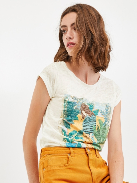 

promod Women Off-White Printed Round Neck T-shirt