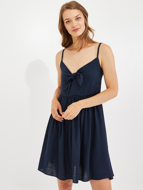 

promod Women Navy Blue Solid Fit and Flare Dress