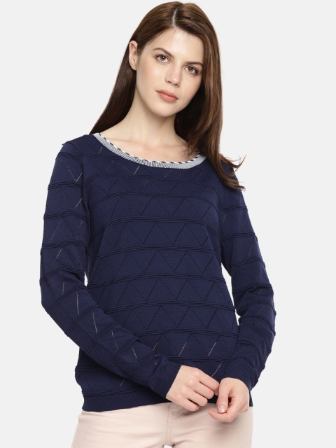 

promod Women Navy Blue Self Design Pullover Sweater